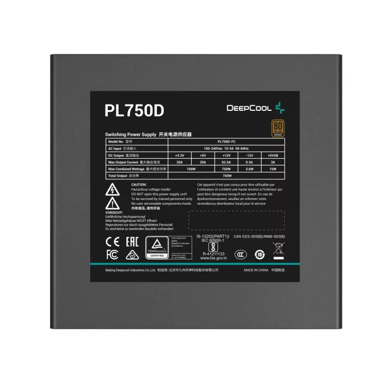 Maitinimo blokas DeepCool PL750D 750W ATX 3.0 80 PLUS Bronze, 120 mm ventiliatorius, 20+4 kontaktų, juodas