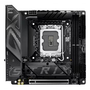 Pagrindinė plokštė ASUS ROG STRIX B860-I GAMING WIFI — Intel B860, LGA 1851, mini ITX, 2× DDR5 DIMM (iki 128 GB), Wi‑Fi 7, 2,5 Gb LAN
