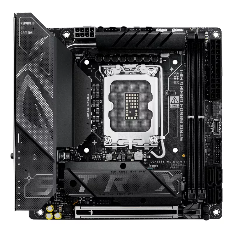 Pagrindinė plokštė ASUS ROG STRIX B860-I GAMING WIFI — Intel B860, LGA 1851, mini ITX, 2× DDR5 DIMM (iki 128 GB), Wi‑Fi 7, 2,5 Gb LAN