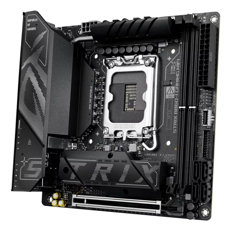 Pagrindinė plokštė ASUS ROG STRIX B860-I GAMING WIFI — Intel B860, LGA 1851, mini ITX, 2× DDR5 DIMM (iki 128 GB), Wi‑Fi 7, 2,5 Gb LAN
