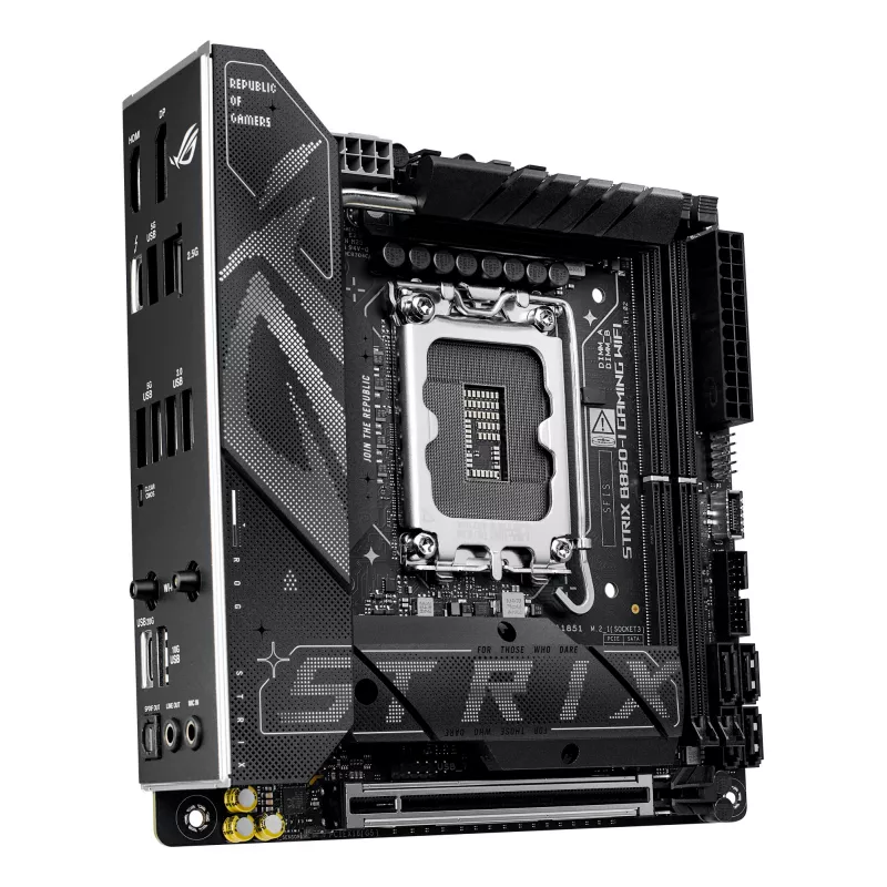 Pagrindinė plokštė ASUS ROG STRIX B860-I GAMING WIFI — Intel B860, LGA 1851, mini ITX, 2× DDR5 DIMM (iki 128 GB), Wi‑Fi 7, 2,5 Gb LAN