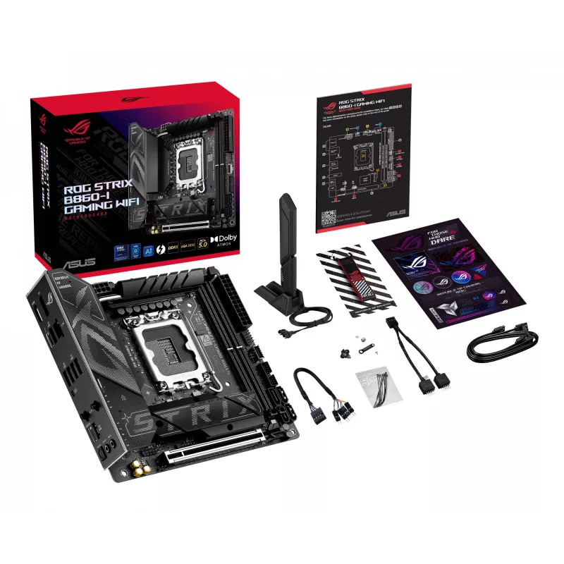 Pagrindinė plokštė ASUS ROG STRIX B860-I GAMING WIFI — Intel B860, LGA 1851, mini ITX, 2× DDR5 DIMM (iki 128 GB), Wi‑Fi 7, 2,5 Gb LAN