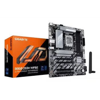 GIGABYTE B860 DS3H WIFI6E pagrindinė plokštė – Intel Core Ultra serijos procesoriams, 8+1+2+2 VRM fazės, iki 9066MHz DDR5, 1xPCIe 5.0 + 1xPCIe 4.0 M.2, 2.5GbE LAN, WIFI 6E, USB 3.2 Gen 2x2