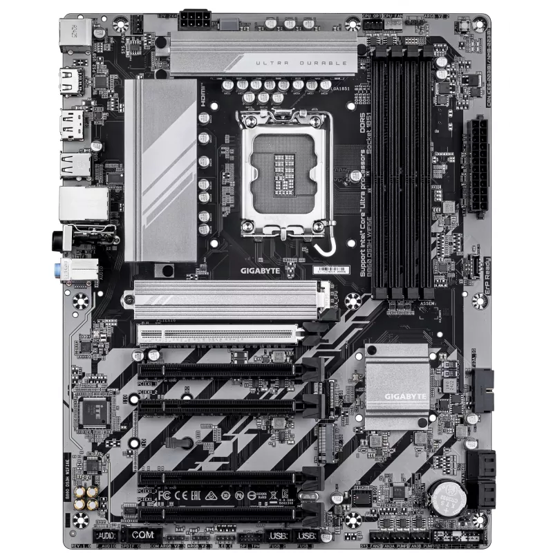 GIGABYTE B860 DS3H WIFI6E pagrindinė plokštė – Intel Core Ultra serijos procesoriams, 8+1+2+2 VRM fazės, iki 9066MHz DDR5, 1xPCIe 5.0 + 1xPCIe 4.0 M.2, 2.5GbE LAN, WIFI 6E, USB 3.2 Gen 2x2