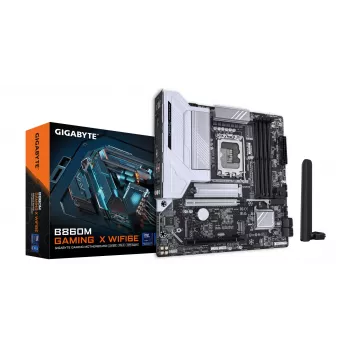GIGABYTE B860M GAMING X WIFI6E Motininė plokštė – Intel Core Ultra serijos procesoriams, 8+1+2+2 fazių VRM, iki 9200MHz DDR5, 1xPCIe 5.0 + 1xPCIe 4.0 M.2, 2.5GbE LAN, WIFI 6E, USB 4