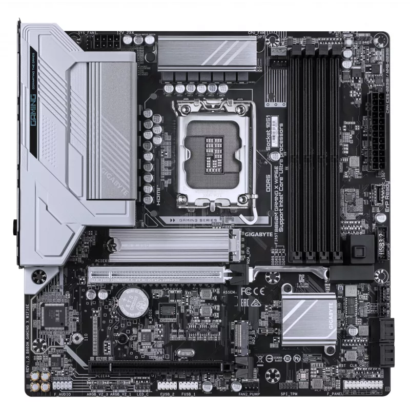 GIGABYTE B860M GAMING X WIFI6E Motininė plokštė – Intel Core Ultra serijos procesoriams, 8+1+2+2 fazių VRM, iki 9200MHz DDR5, 1xPCIe 5.0 + 1xPCIe 4.0 M.2, 2.5GbE LAN, WIFI 6E, USB 4