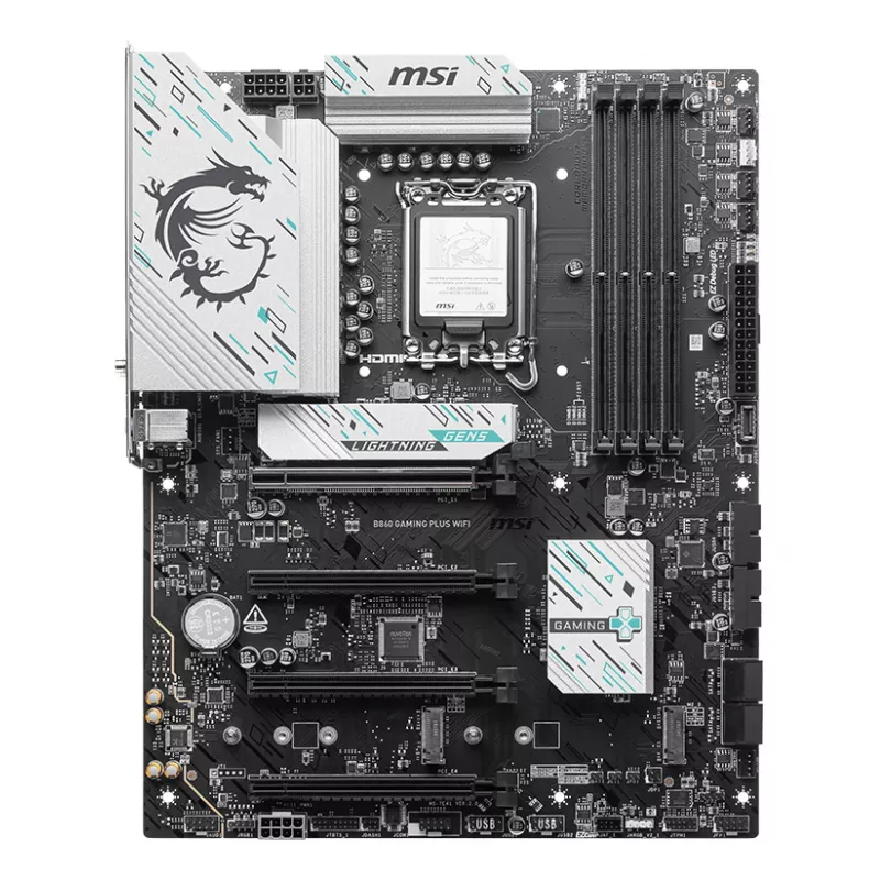 Pagrindinė plokštė MSI B860 GAMING PLUS WIFI — Intel B860, LGA 1851, ATX, DDR5, 4x DIMM, 3x M.2, Wi‑Fi 7, 5GbE