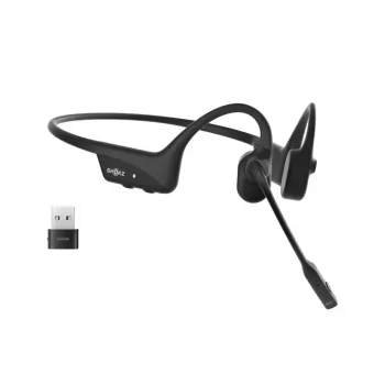Ausinės Shokz OpenComm2 UC 2025 — belaidės kaulinio laidumo ausinės su ausies lankeliu, 16 val. pokalbių trukmė, USB Type-A/Type-C, ANC, 29 m veikimo nuotolis, juodos