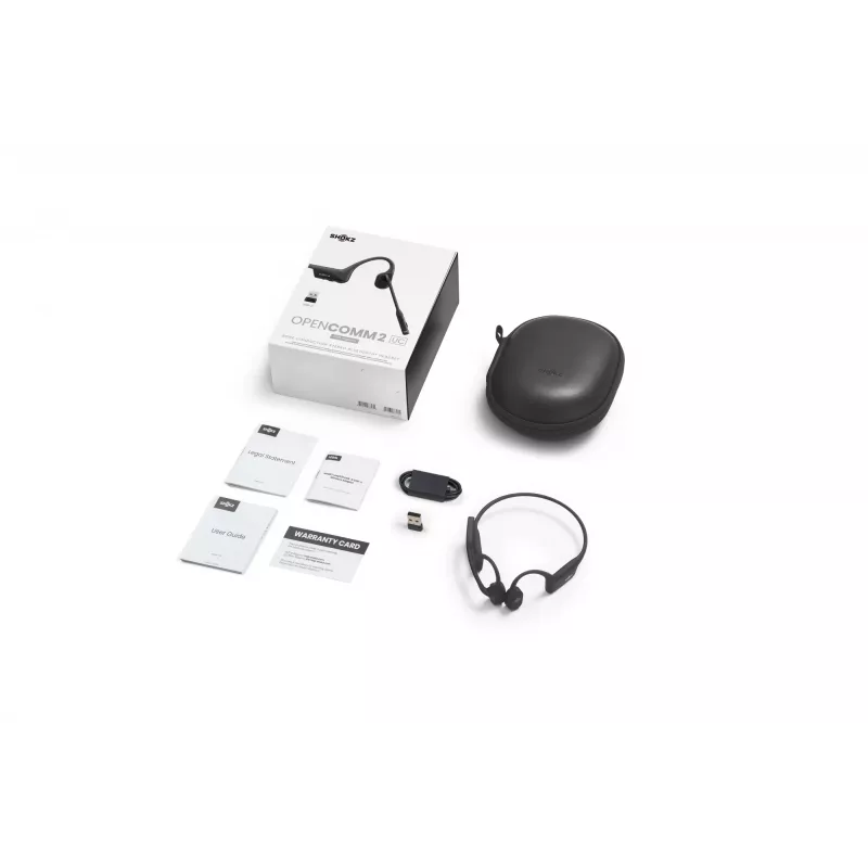 Ausinės Shokz OpenComm2 UC 2025 — belaidės kaulinio laidumo ausinės su ausies lankeliu, 16 val. pokalbių trukmė, USB Type-A/Type-C, ANC, 29 m veikimo nuotolis, juodos