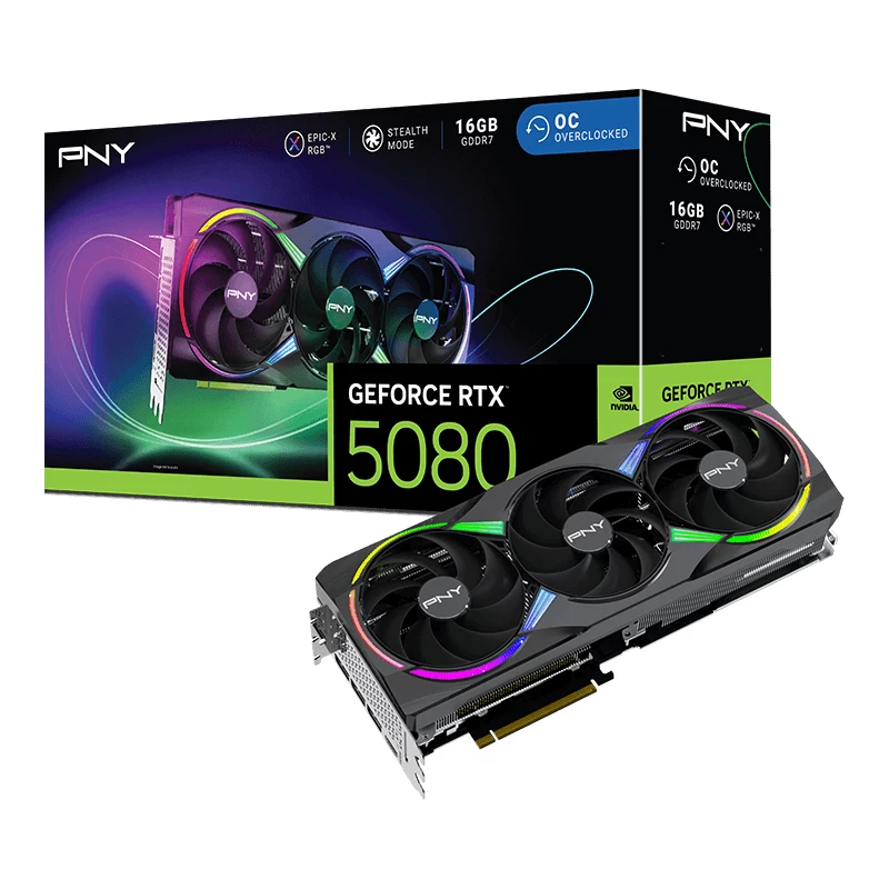 PNY GeForce RTX 5080 16GB ARGB Overclocked Triple Fan - 16GB GDDR7 - DisplayPort 2.1b / HDMI 2.1b
