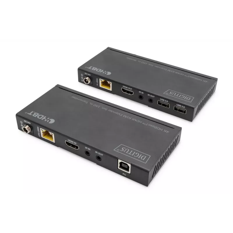DIGITUS HDBaseT KVM plėtiklio rinkinys. 150 m 4K/60Hz. USB 2.0. PoC. IR. juodas