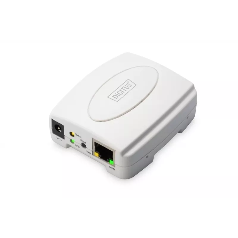 DIGITUS USB spausdinimo serveris, 1 prievadas 1x RJ45, 1x USB A, USB 2.0 Visoms įprastoms OS