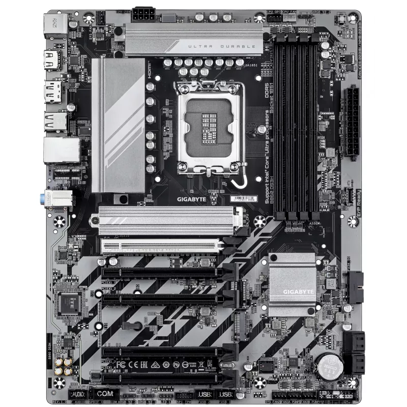 GIGABYTE B860 DS3H pagrindinė plokštė – palaiko Intel Core Ultra procesorius, 8+1+2+2 fazių VRM, iki 9066MHz DDR5, 1xPCIe 5.0 + 1xPCIe 4.0 M.2, 2.5 GbE LAN, USB 3.2 Gen 2x2