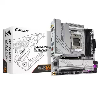 GIGABYTE B650M AORUS ELITE AX ICE motininė plokštė – AMD Ryzen 9000 serijos procesoriams, 12+2+2 fazių VRM, iki 8000MHz DDR5 (OC), 1xPCIe 5.0 + 1xPCIe 4.0 M.2, 2.5GbE LAN, WIFI 6E, USB 3.2 Gen 2x2