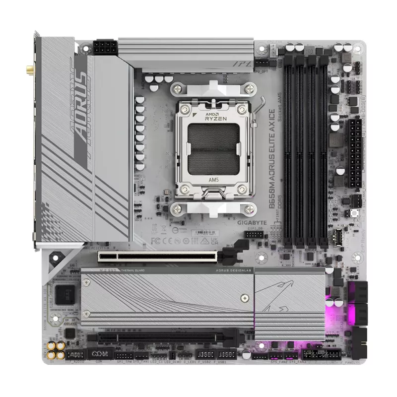 GIGABYTE B650M AORUS ELITE AX ICE motininė plokštė – AMD Ryzen 9000 serijos procesoriams, 12+2+2 fazių VRM, iki 8000MHz DDR5 (OC), 1xPCIe 5.0 + 1xPCIe 4.0 M.2, 2.5GbE LAN, WIFI 6E, USB 3.2 Gen 2x2