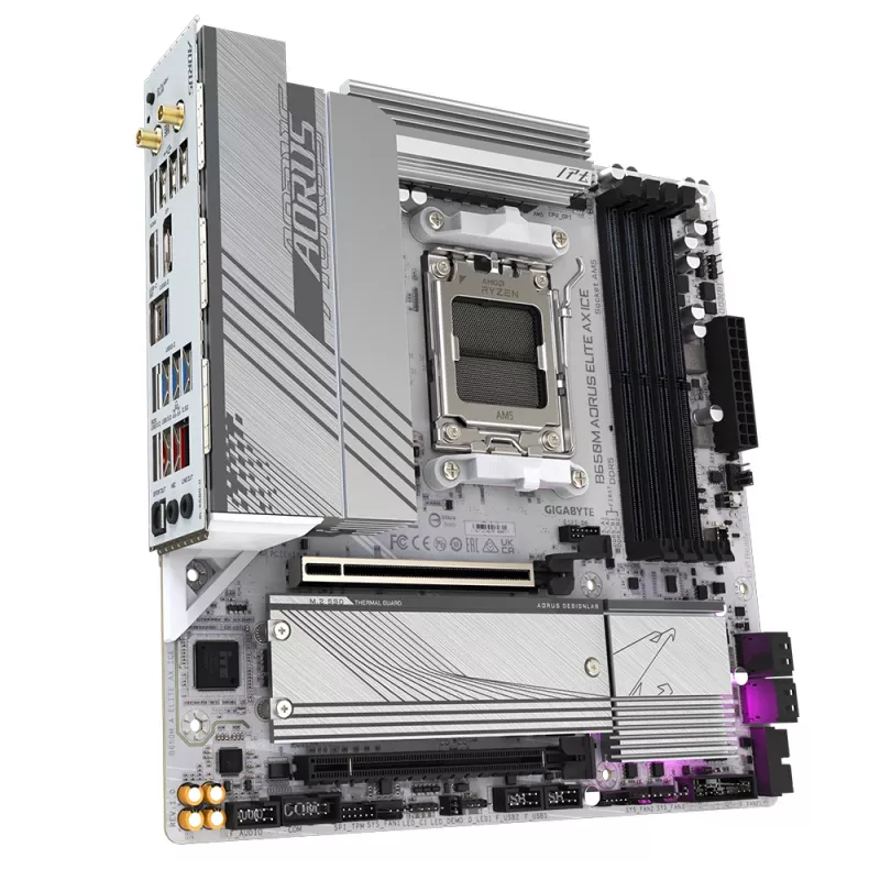 GIGABYTE B650M AORUS ELITE AX ICE motininė plokštė – AMD Ryzen 9000 serijos procesoriams, 12+2+2 fazių VRM, iki 8000MHz DDR5 (OC), 1xPCIe 5.0 + 1xPCIe 4.0 M.2, 2.5GbE LAN, WIFI 6E, USB 3.2 Gen 2x2