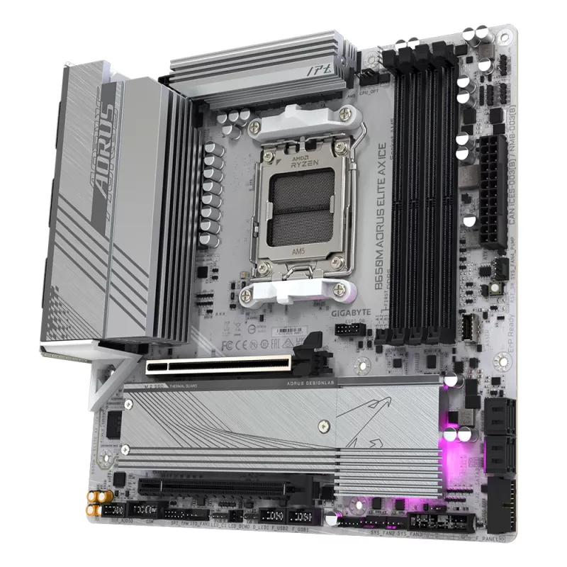 GIGABYTE B650M AORUS ELITE AX ICE motininė plokštė – AMD Ryzen 9000 serijos procesoriams, 12+2+2 fazių VRM, iki 8000MHz DDR5 (OC), 1xPCIe 5.0 + 1xPCIe 4.0 M.2, 2.5GbE LAN, WIFI 6E, USB 3.2 Gen 2x2