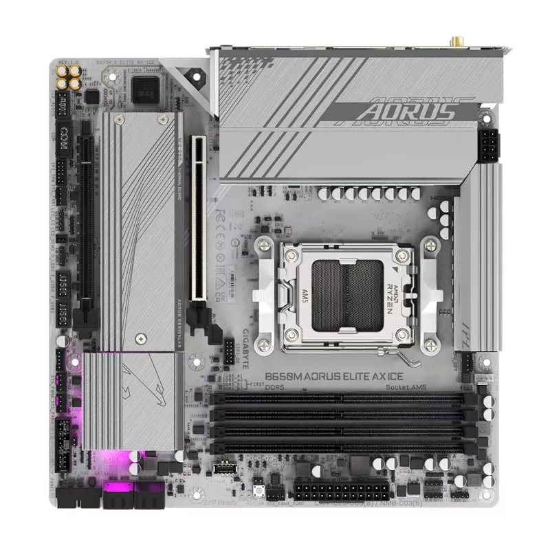 GIGABYTE B650M AORUS ELITE AX ICE motininė plokštė – AMD Ryzen 9000 serijos procesoriams, 12+2+2 fazių VRM, iki 8000MHz DDR5 (OC), 1xPCIe 5.0 + 1xPCIe 4.0 M.2, 2.5GbE LAN, WIFI 6E, USB 3.2 Gen 2x2