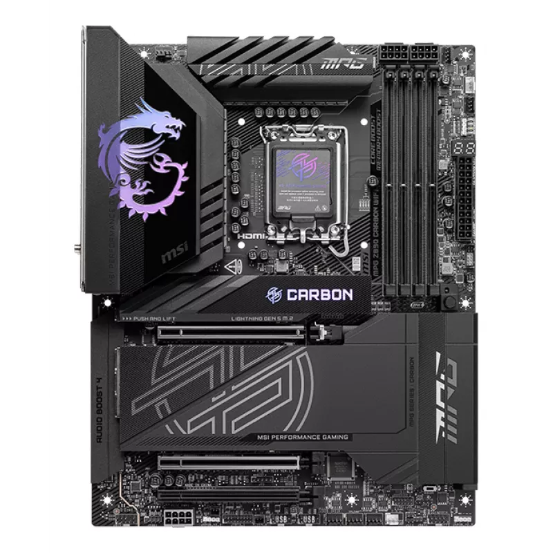 Pagrindinė plokštė MSI MPG Z890 CARBON WIFI ATX — Intel LGA1851, Z890, DDR5, 4x DIMM, 5x M.2, Wi‑Fi 7, 2.5Gb LAN