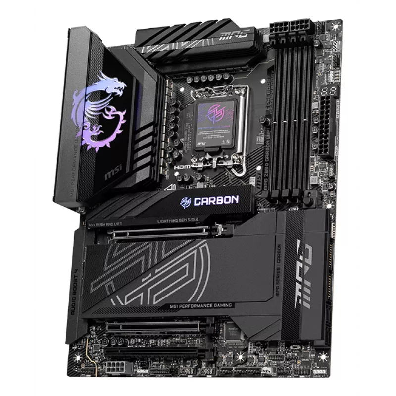 Pagrindinė plokštė MSI MPG Z890 CARBON WIFI ATX — Intel LGA1851, Z890, DDR5, 4x DIMM, 5x M.2, Wi‑Fi 7, 2.5Gb LAN