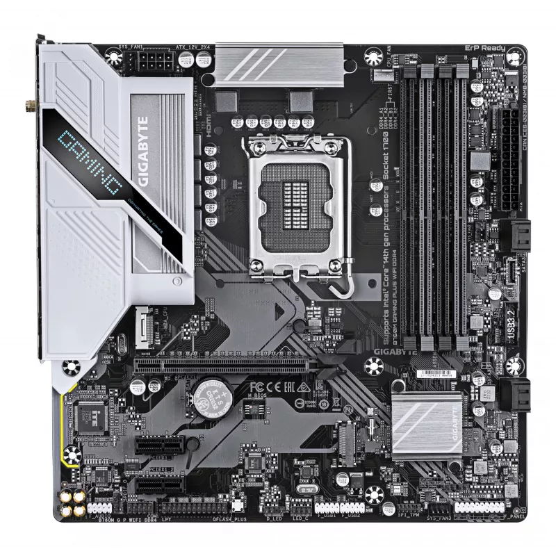 GIGABYTE B760M GAMING PLUS WIFI DDR4 pagrindinė plokštė – palaiko 14-os kartos Intel Core procesorius, 4+1+1 fazių VRM, iki 5333 MHz DDR4 (OC), 2xPCIe 4.0 M.2, Wi-Fi 6, 1 GbE LAN, USB 3.2 Gen 1
