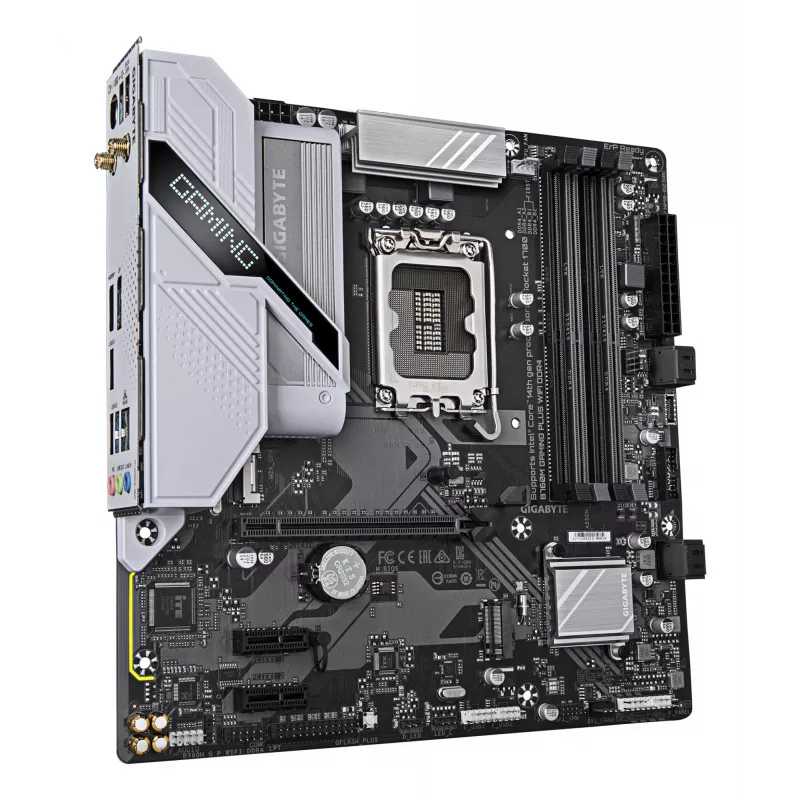 GIGABYTE B760M GAMING PLUS WIFI DDR4 pagrindinė plokštė – palaiko 14-os kartos Intel Core procesorius, 4+1+1 fazių VRM, iki 5333 MHz DDR4 (OC), 2xPCIe 4.0 M.2, Wi-Fi 6, 1 GbE LAN, USB 3.2 Gen 1