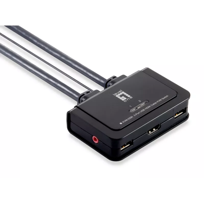 LevelOne 2 prievadų USB HDMI kabelio KVM jungiklis, 1920 x 1200 pikselių, juoda, pilka