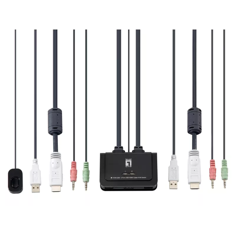 LevelOne 2 prievadų USB HDMI kabelio KVM jungiklis, 1920 x 1200 pikselių, juoda, pilka