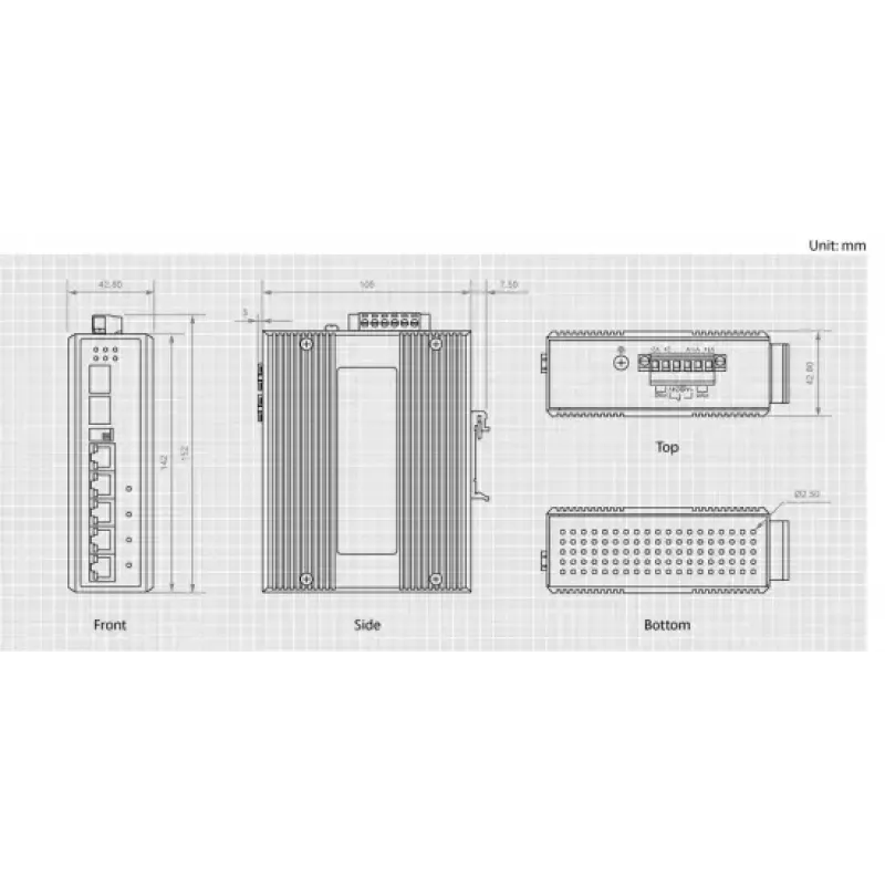 LevelOne 6 prievadų gigabitinio pramoninio komutatoriaus, 1 x SFP, 1 x SFP/RJ45 kombinuotas, -40°C iki 75°C, DIN bėgelis