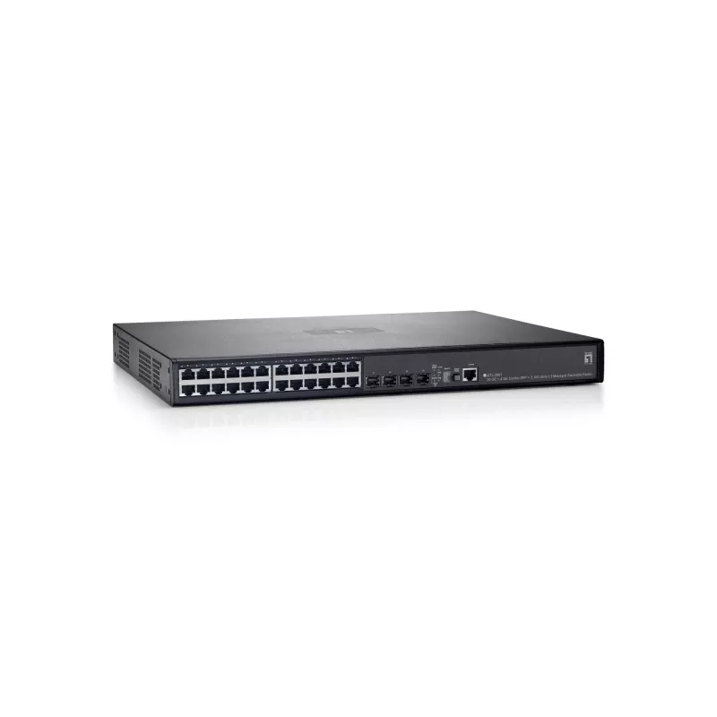 “LevelOne” 26 prievadų sudėtinis L3 valdomas Gigabit Ethernet komutatorius, 4 prievadai SFP/RJ45 Combo, 2 modulių lizdai 10 Gigabit