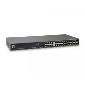 LevelOne TURING 26 prievadų L3 Lite valdomas Gigabit PoE komutatorius, 24 PoE išėjimai, 370 W, 2 x SFP/RJ45 Combo