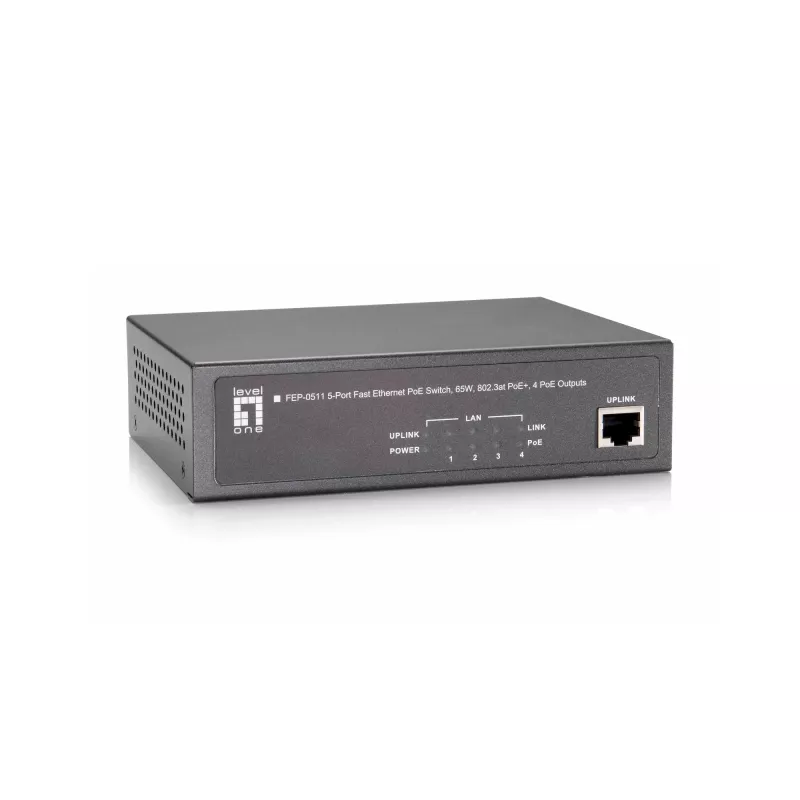 LevelOne 5 prievadų Fast Ethernet PoE komutatorius, 802.3at/af PoE, 4 PoE išėjimai, 65 W