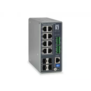 LevelOne TURING 12 prievadų L3 Lite valdomas gigabitinis pramoninis komutatorius, 8 PoE išėjimai, 240 W, 802.3at/af PoE, 4 x SFP, nuo -40 °C iki 75 °C