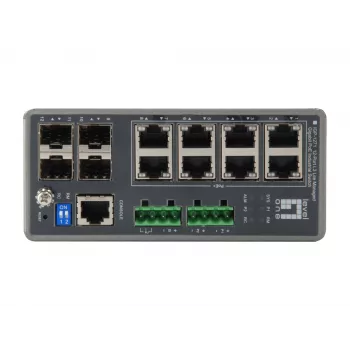 LevelOne TURING 12 prievadų L3 Lite valdomas gigabitinis pramoninis komutatorius, 8 PoE išėjimai, 240 W, 802.3at/af PoE, 4 x SFP, nuo -40 °C iki 75 °C