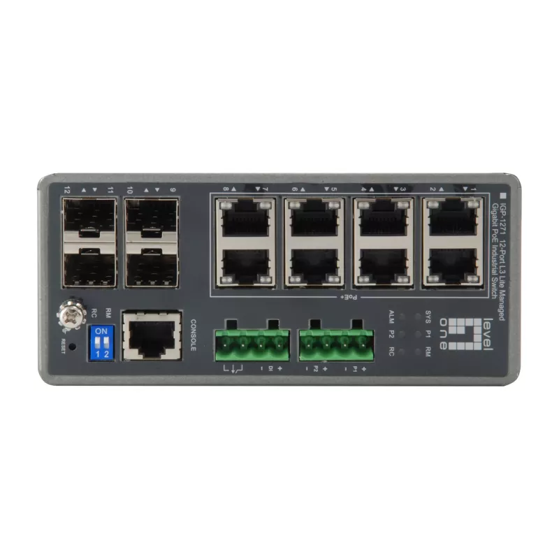 LevelOne TURING 12 prievadų L3 Lite valdomas gigabitinis pramoninis komutatorius, 8 PoE išėjimai, 240 W, 802.3at/af PoE, 4 x SFP, nuo -40 °C iki 75 °C