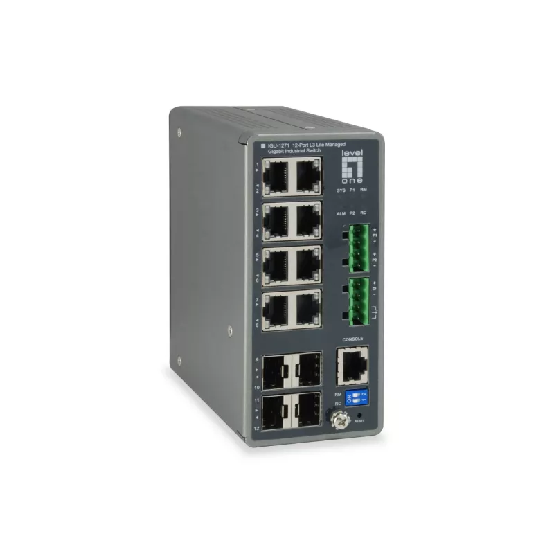 „LevelOne TURING“ 12 prievadų L3 Lite valdomas gigabitinis pramoninis komutatorius, 4 x SFP, DIN bėgelis, nuo -40 °C iki 75 °C