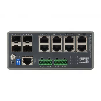 „LevelOne TURING“ 12 prievadų L3 Lite valdomas gigabitinis pramoninis komutatorius, 4 x SFP, DIN bėgelis, nuo -40 °C iki 75 °C