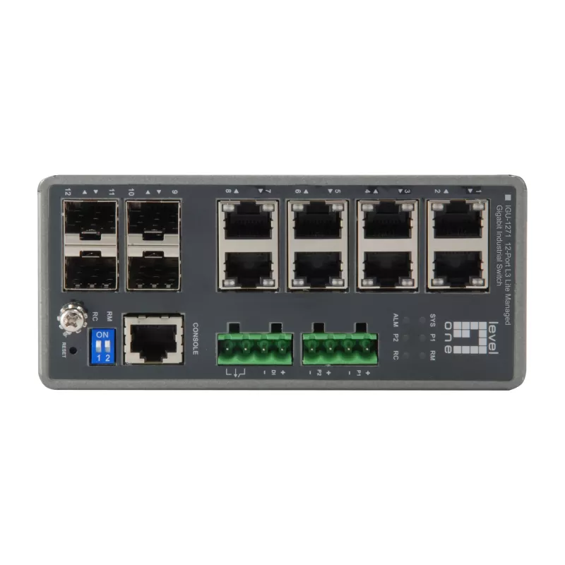 „LevelOne TURING“ 12 prievadų L3 Lite valdomas gigabitinis pramoninis komutatorius, 4 x SFP, DIN bėgelis, nuo -40 °C iki 75 °C