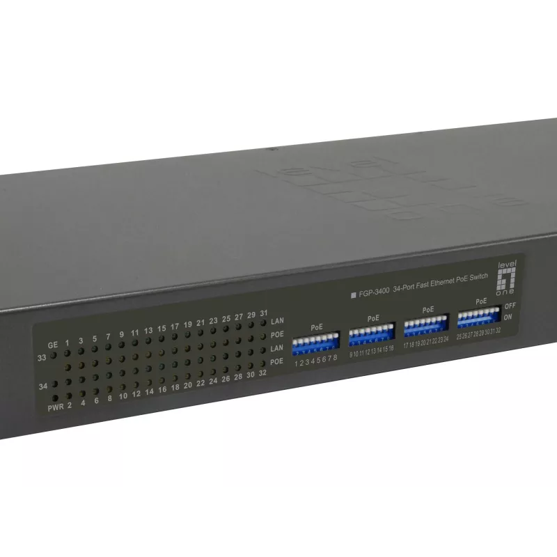 „LevelOne“ 34 prievadų greitojo eterneto PoE komutatorius, 802.3at/af PoE, 32 PoE išėjimai, 2 x Gigabit RJ45, 630 W