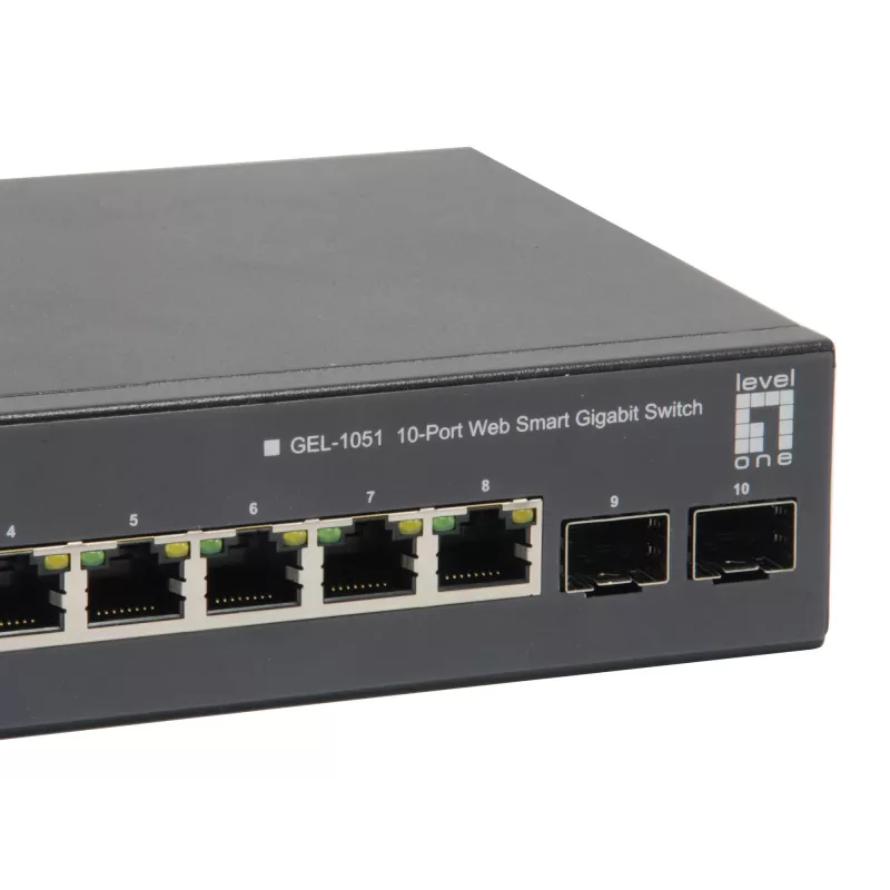 LevelOne 10 prievadų žiniatinklio išmanusis gigabitinis PoE komutatorius, 8 PoE išvestys, 2 x Gigabit SFP, 70W
