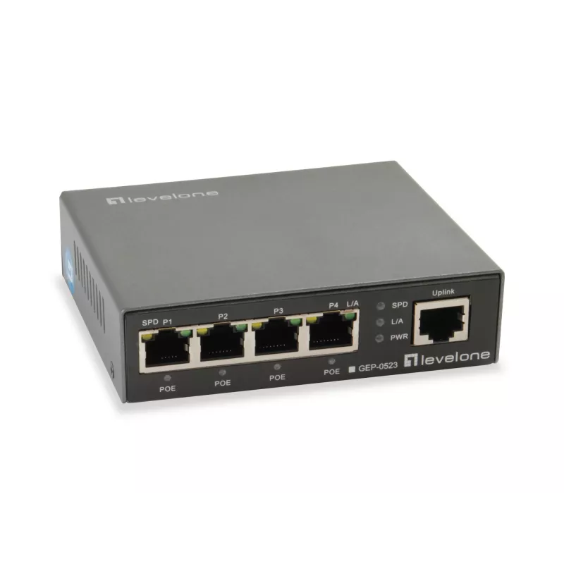 LevelOne 5 prievadų Gigabit PoE komutatorius, 802.3at/af PoE, 4 PoE išėjimai, 60W