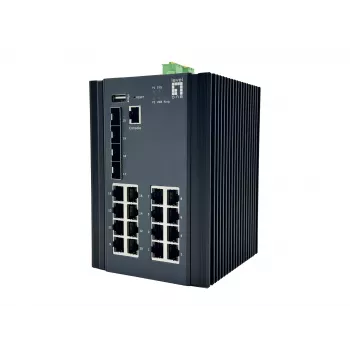 LevelOne 20 prievadų L2 Plus valdomas gigabitinis pramoninis komutatorius, 16x 1GbE RJ45, 4x 1/2.5GbE SFP, DIN bėgelis, nuo -40 °C iki 80 °C