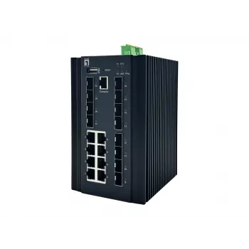 „LevelOne“ 20 prievadų L2 Plus valdomas pramoninis komutatorius, 8 x 1GbE RJ45, 8 x 1GbE SFP, 4 x 1/2,5GbE SFP, DIN bėgelis, nuo -40 °C iki 80 °C