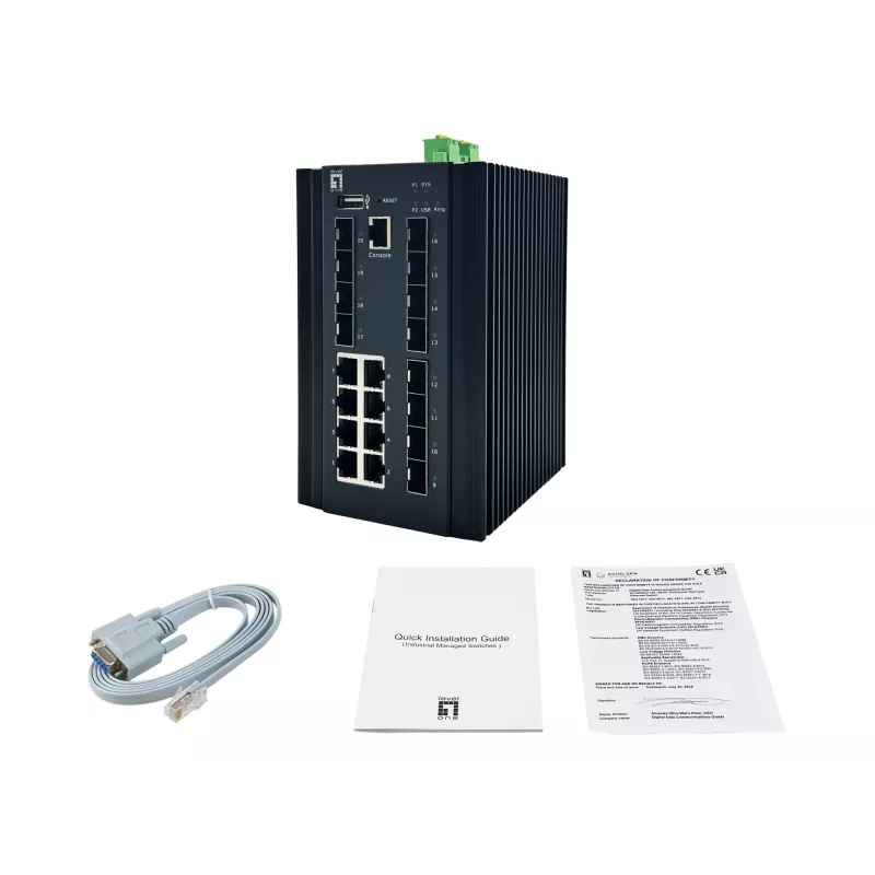 „LevelOne“ 20 prievadų L2 Plus valdomas pramoninis komutatorius, 8 x 1GbE RJ45, 8 x 1GbE SFP, 4 x 1/2,5GbE SFP, DIN bėgelis, nuo -40 °C iki 80 °C