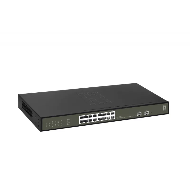 LevelOne Hilbert 18 prievadų gigabitinio PoE išmaniojo Lite komutatoriaus, 16 PoE išėjimų, 2 x gigabitinis SFP, 802.3at/af PoE, 230 W PoE galios biudžetas