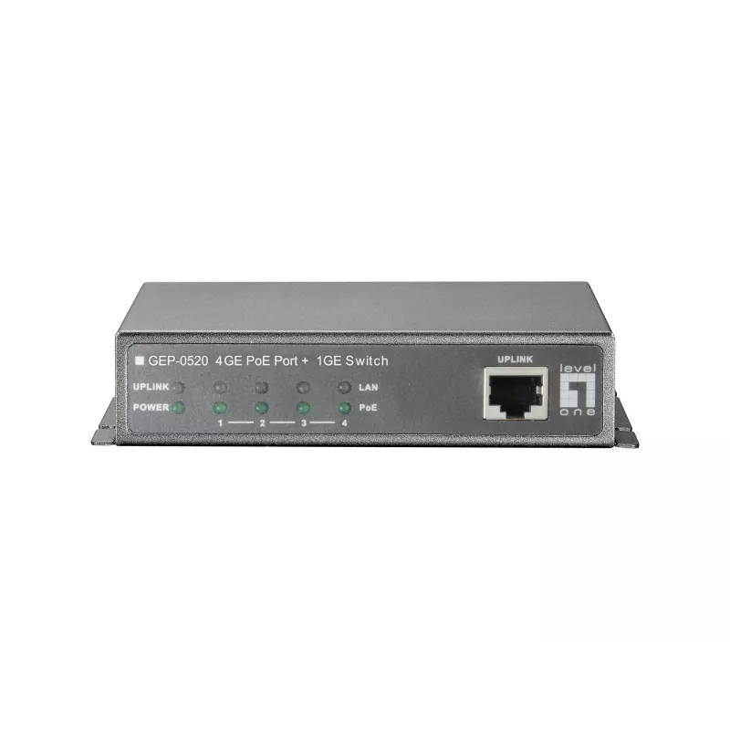 LevelOne 5 prievadų gigabitinio PoE komutatoriaus, 61,6 W, 802.3af PoE, 4 PoE išvestys, maitinimo adapteris komplektuojamas