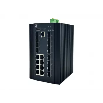 LevelOne 20 prievadų L2 Plus valdomas pramoninis komutatorius, 8 x 1GbE RJ45, 8 x 1GbE SFP, 4 x 1/2.5/10GbE SFP+, DIN bėgelis, nuo -40°C iki 80°C