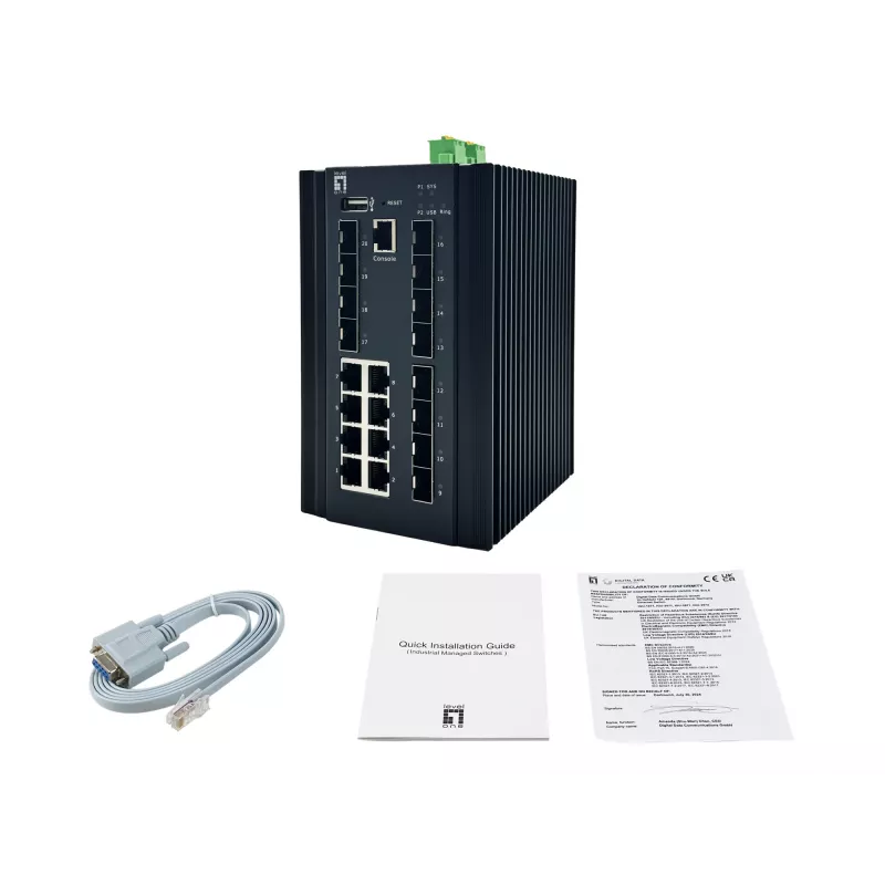 LevelOne 20 prievadų L2 Plus valdomas pramoninis komutatorius, 8 x 1GbE RJ45, 8 x 1GbE SFP, 4 x 1/2.5/10GbE SFP+, DIN bėgelis, nuo -40°C iki 80°C
