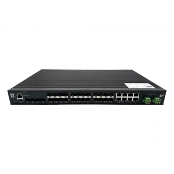 LevelOne 28 prievadų L2 Plus valdomas gigabitinis šviesolaidinis pramoninis komutatorius, 4x 1,25/2,5GbE SFP, 16x 1,25GbE SFP, 8x gigabitinis SFP/RJ45 Combo, perteklinis maitinimo šaltinis, -40 °C iki 80 °C