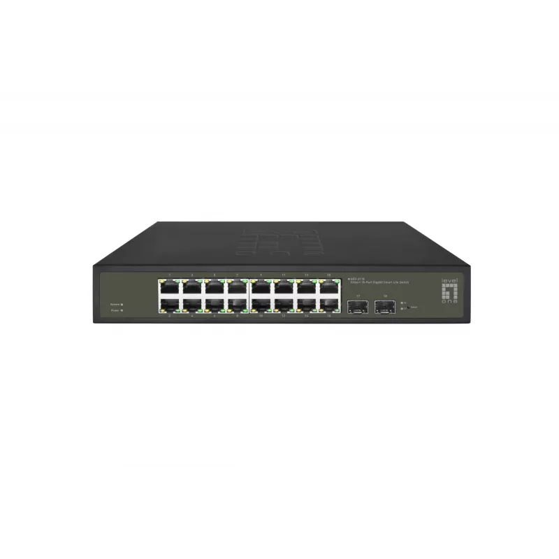 LevelOne Hilbert 18 prievadų gigabitinis išmanusis Lite komutatorius, 16 x gigabitinis RJ45, 2 x gigabitinis SFP